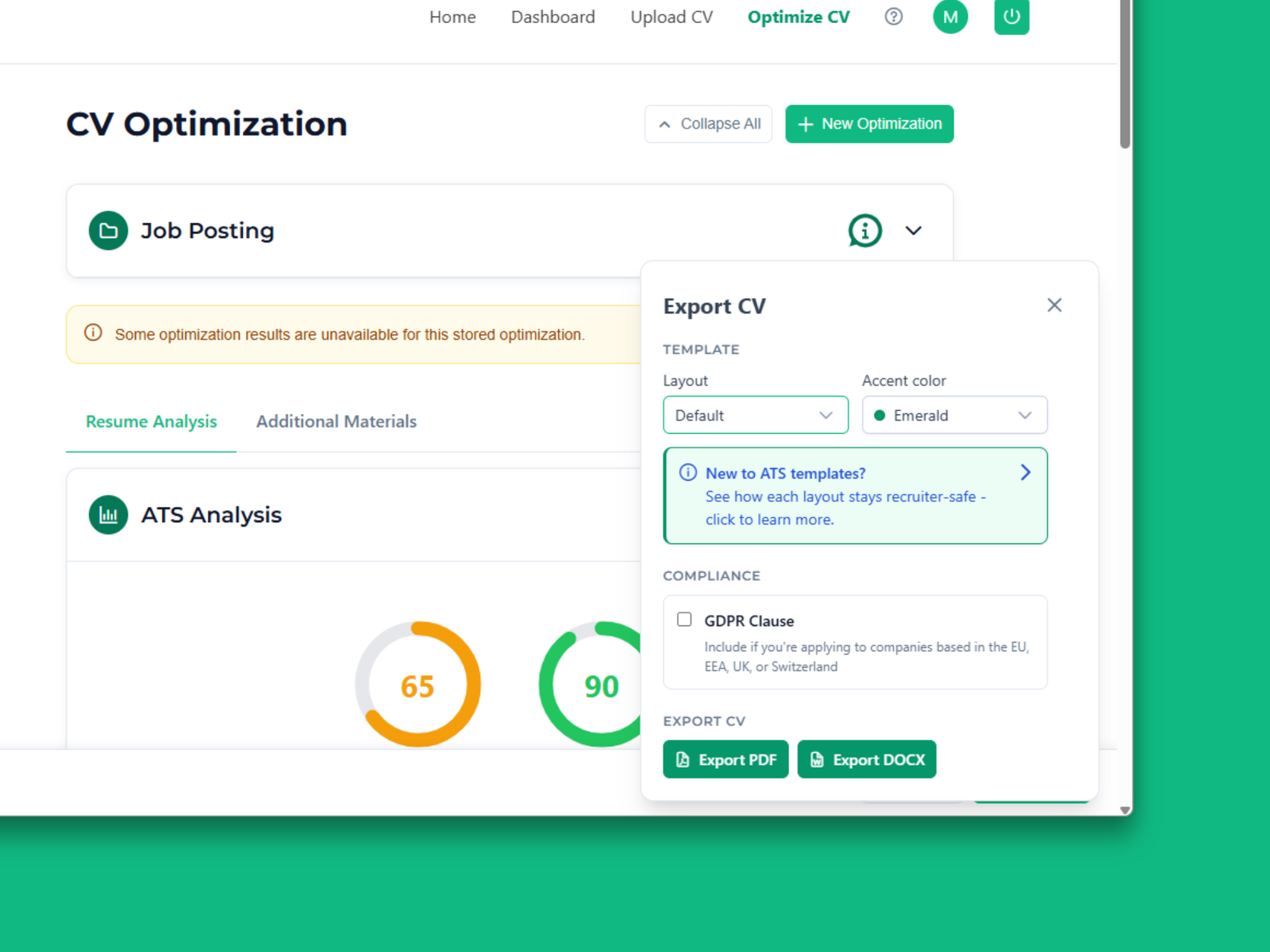 screenshot of optimize-cv page