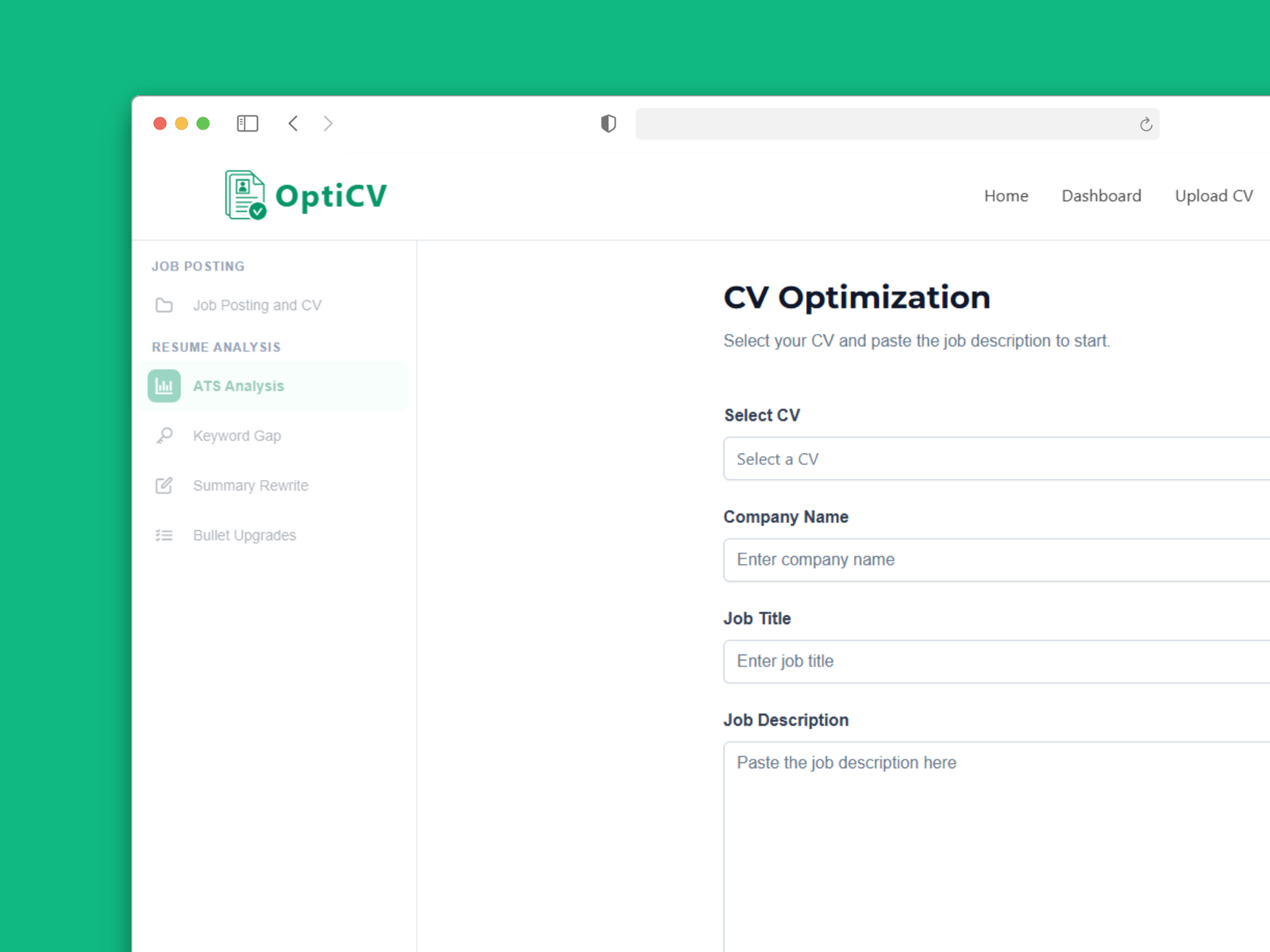 screenshot of job application form
