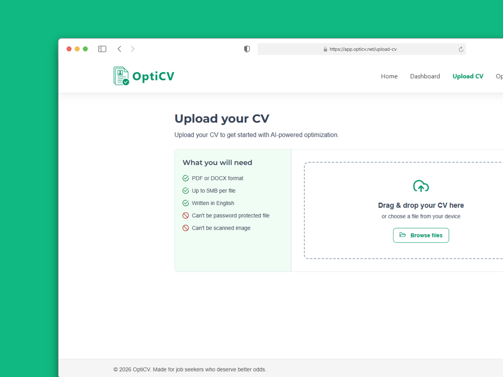screenshot of cv upload page